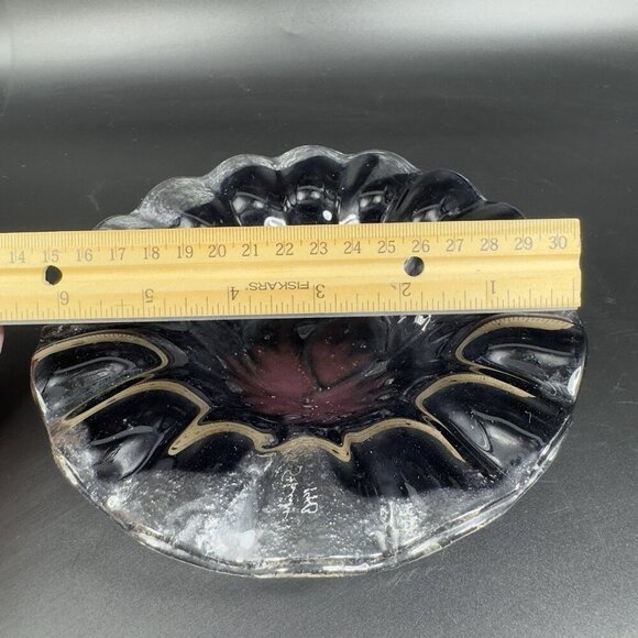 Vintage Hand Made Fused Art Glass Dish Bowl Artist Signed Ruffled Edge Purple - Picture 3 of 12